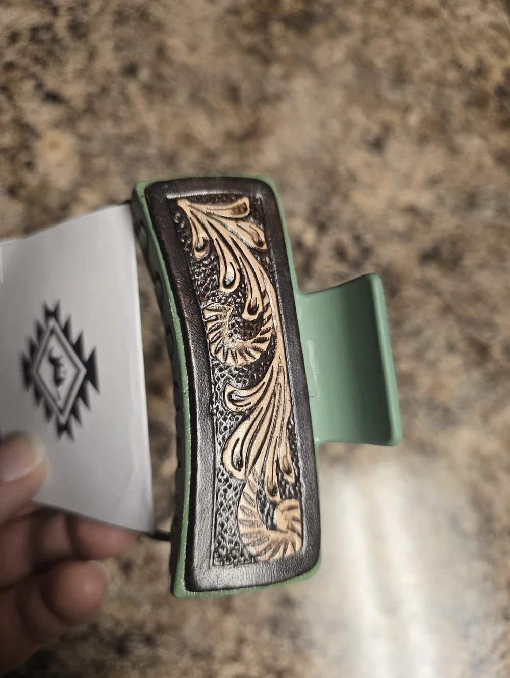 Leather Tooled Hair Claw Clip - Green with Brown Tooled Accent